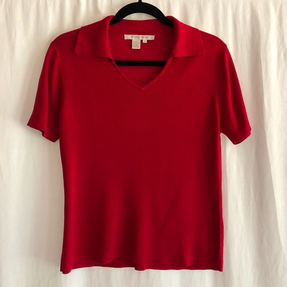 100% Silk Composition Red Short Sleeve Blouse